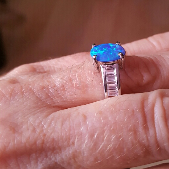 Lab Created Opal, White CZ Ring in Silvertone - Picture 3 of 4